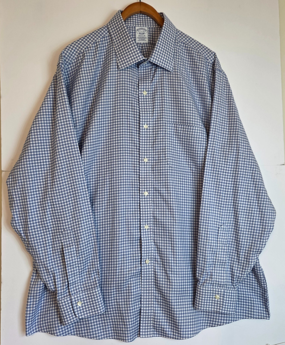Brooks Brothers Men’s 17.5 35 Blue Gingham Supima Non-Iron Dress Shirt